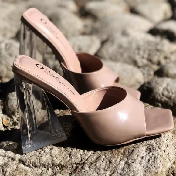 NEW Patent Clear Triangle High Block Heel Square Toe Slip On Sandals Mules Shoes - Picture 4 of 9